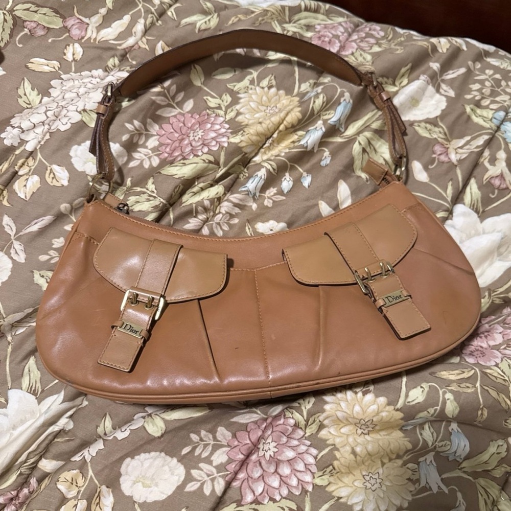 Dior Camel Leather Shoulder Bag with Buckle Flaps